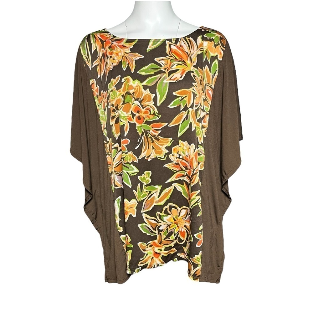 BOB MACKIE Wearable Art Brown Green Orange Floral Print Tunic Top Womens Size 2X
